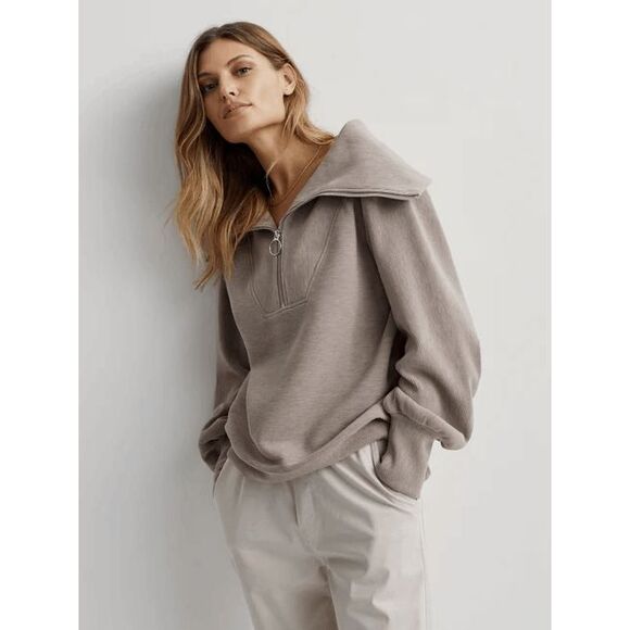 Varley Taupe Marl Vine Half Zip Ottoman Ribbed Knit Sweatshirt Women's Size XS - Picture 1 of 6